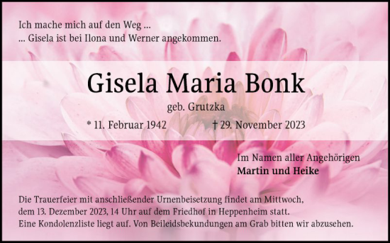 Traueranzeige von Gisela Maria Bonk von Bergsträßer Anzeiger