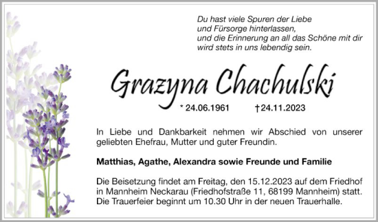 Traueranzeige von Grazyna Chachulski von Mannheimer Morgen
