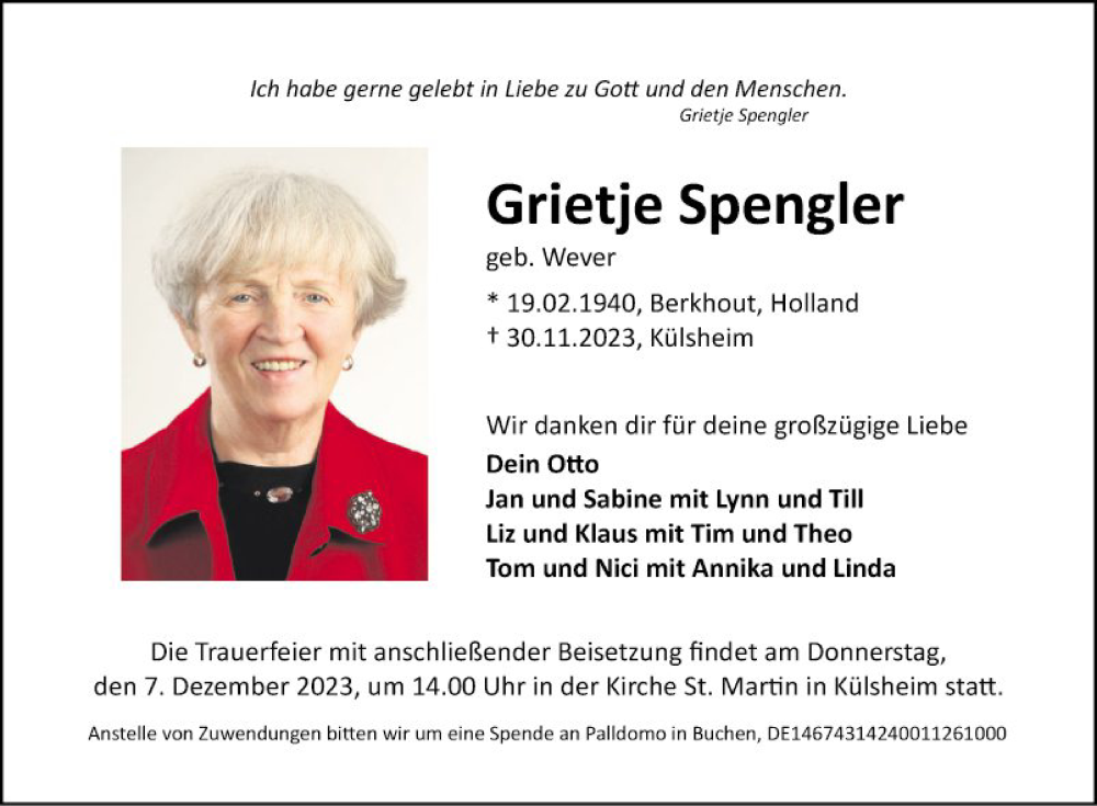  Traueranzeige für Grietje Spengler vom 05.12.2023 aus Fränkische Nachrichten