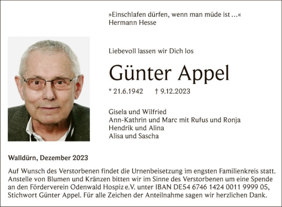 Traueranzeige von Günter Appel von Fränkische Nachrichten