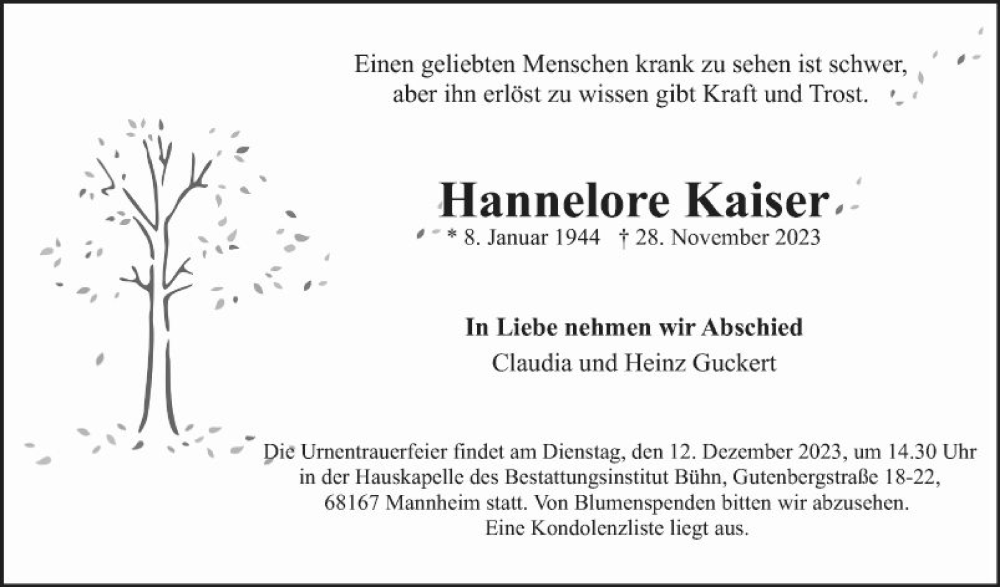  Traueranzeige für Hannelore Kaisers vom 02.12.2023 aus Mannheimer Morgen