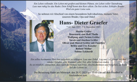 Traueranzeige von Hans- Dieter Graefer von Schwetzinger Zeitung