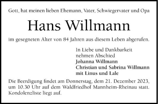 Traueranzeige von Hans Willmann von Mannheimer Morgen