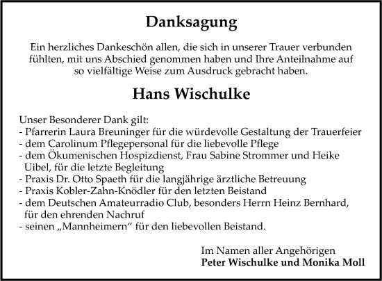 Traueranzeige von Hans Wischulke von Fränkische Nachrichten