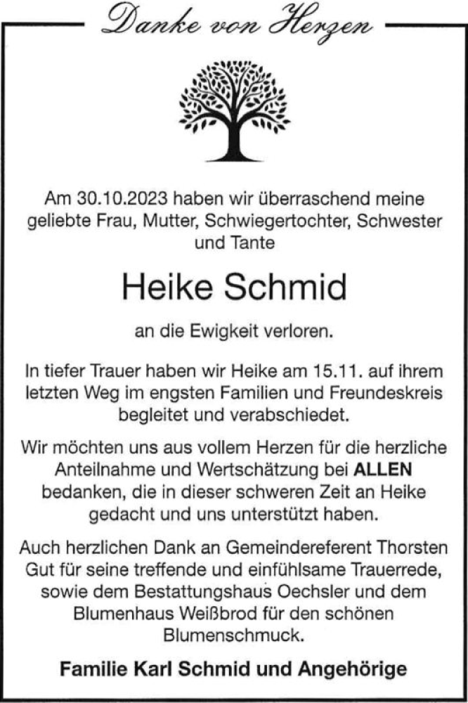  Traueranzeige für Heike Schmid vom 02.12.2023 aus Schwetzinger Zeitung