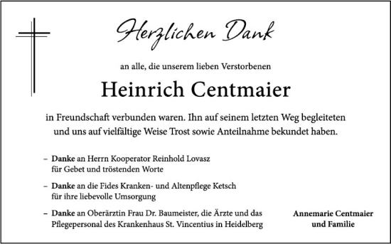 Traueranzeige von Heinrich Centmaier von Schwetzinger Zeitung