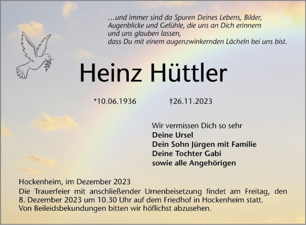  Traueranzeige für Heinz Hüttler vom 01.12.2023 aus Schwetzinger Zeitung