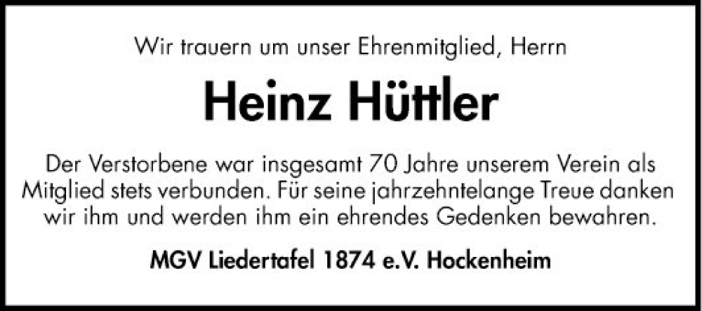  Traueranzeige für Heinz Hüttler vom 02.12.2023 aus Schwetzinger Zeitung