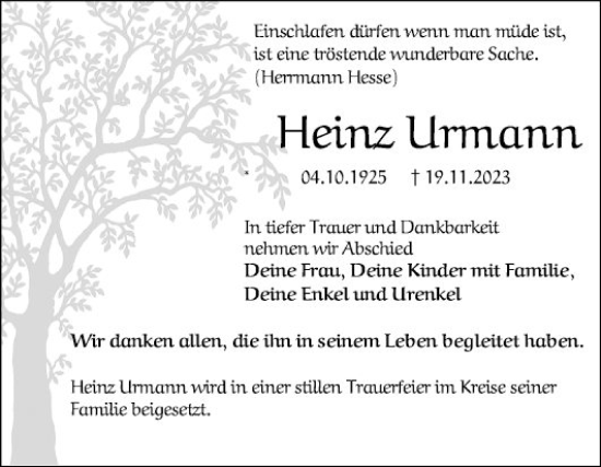 Traueranzeige von Heinz Urmann von Mannheimer Morgen