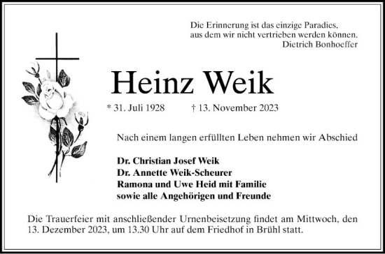 Traueranzeige von Heinz Weik von Schwetzinger Zeitung