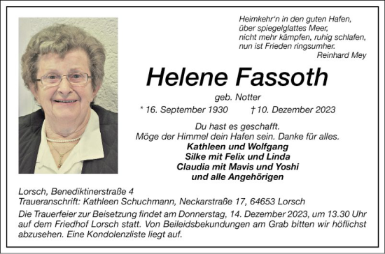 Traueranzeige von Helene Fassoth von Bergsträßer Anzeiger