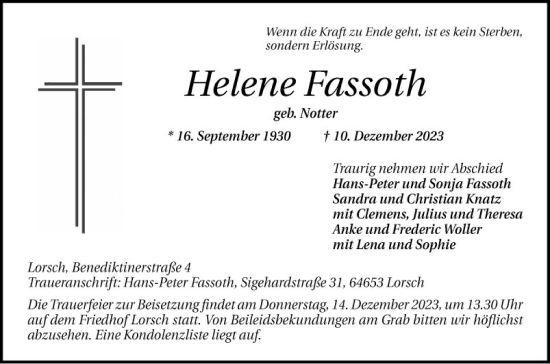 Traueranzeige von Helene Fassoth von Bergsträßer Anzeiger