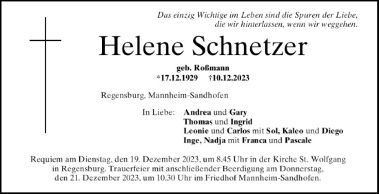 Traueranzeige von Helene Schnetzer von Mannheimer Morgen