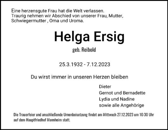 Traueranzeige von Helga Ersig von Mannheimer Morgen