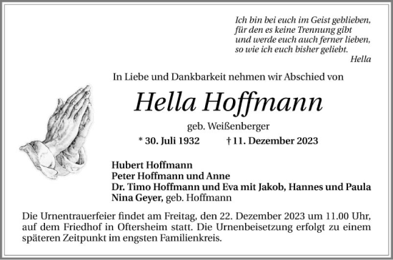 Traueranzeige von Hella Hoffmann von Schwetzinger Zeitung