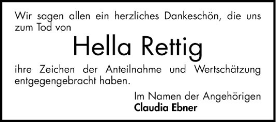 Traueranzeige von Hella Rettig von Bergsträßer Anzeiger