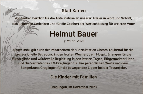 Traueranzeige von Helmut Bauer von Fränkische Nachrichten