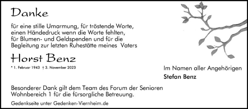  Traueranzeige für Horst Benz vom 16.12.2023 aus Mannheimer Morgen