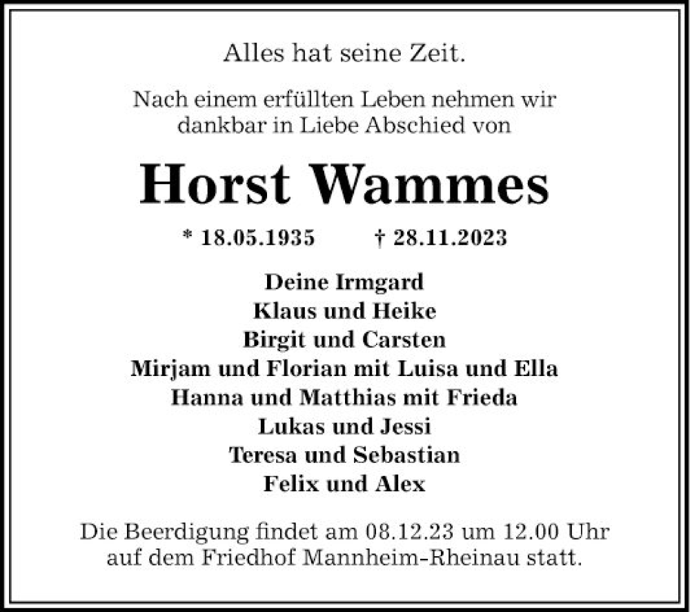  Traueranzeige für Horst Wammen vom 02.12.2023 aus Mannheimer Morgen