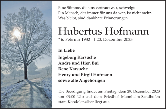 Traueranzeige von Hubemus Hofmann von Mannheimer Morgen