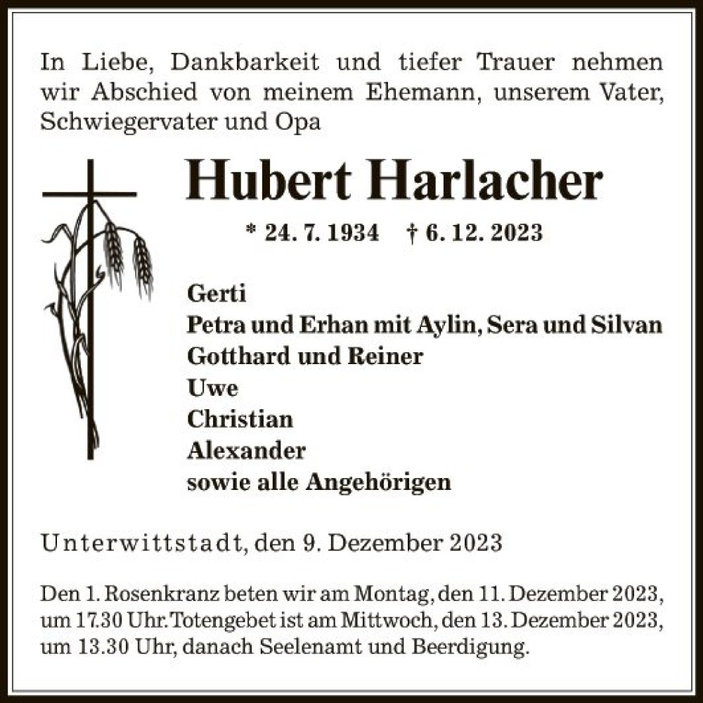  Traueranzeige für Hubert Harlacher vom 09.12.2023 aus Fränkische Nachrichten