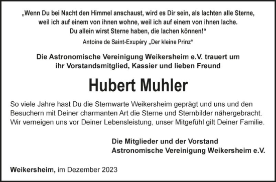 Traueranzeige von Hubert Muhler von Fränkische Nachrichten