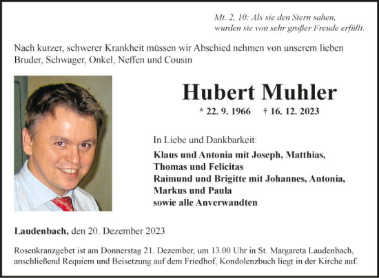 Traueranzeige von Hubert Muhler von Fränkische Nachrichten