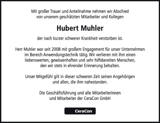 Traueranzeige von Hubert Muhler von Fränkische Nachrichten