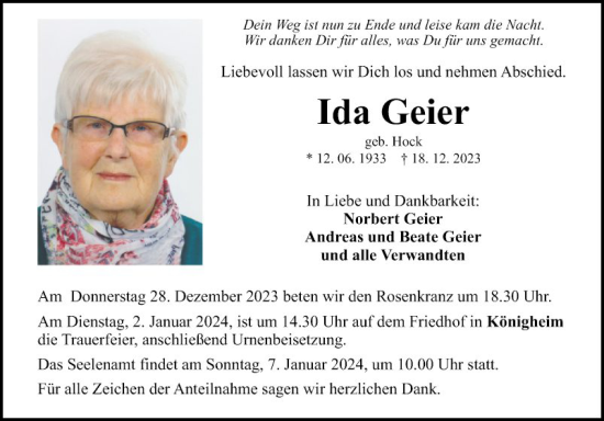 Traueranzeige von Ida Geier von Fränkische Nachrichten