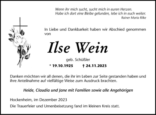 Traueranzeige von Ilse Wein von Schwetzinger Zeitung