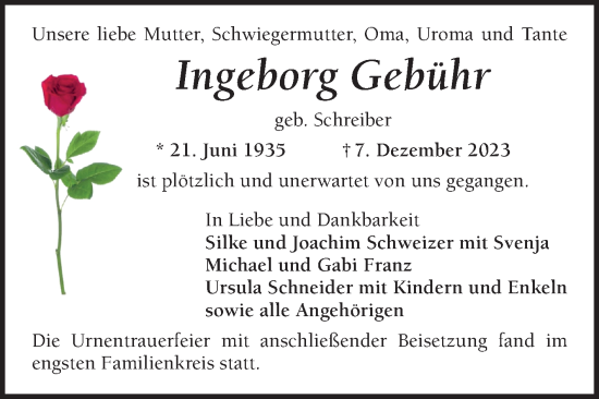 Traueranzeige von Ingeborg Gebühr von Mannheimer Morgen