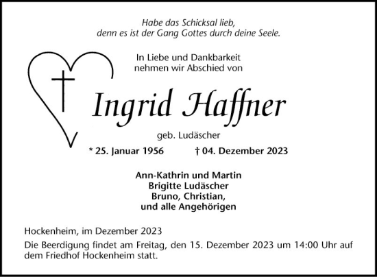 Traueranzeige von Ingrid Haffner von Schwetzinger Zeitung
