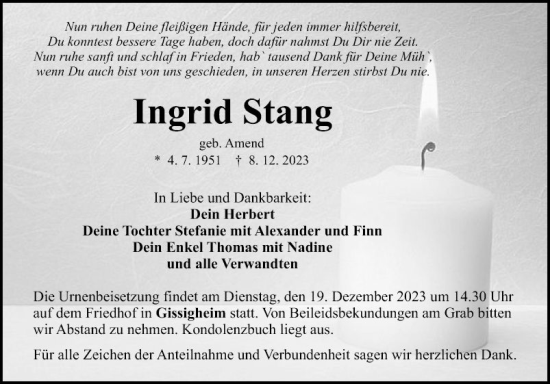 Traueranzeige von Ingrid Stang von Fränkische Nachrichten