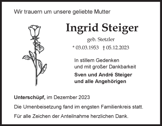 Traueranzeige von Ingrid Steiger von Fränkische Nachrichten