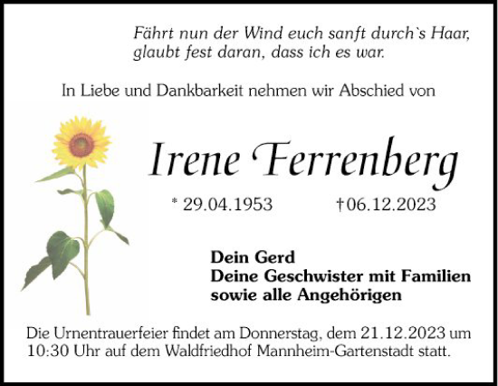 Traueranzeige von Irene Ferrenberg von Mannheimer Morgen