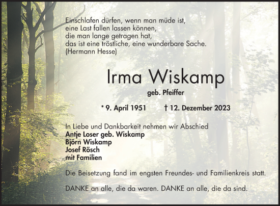Traueranzeige von Irma Wiskamp von Bergsträßer Anzeiger