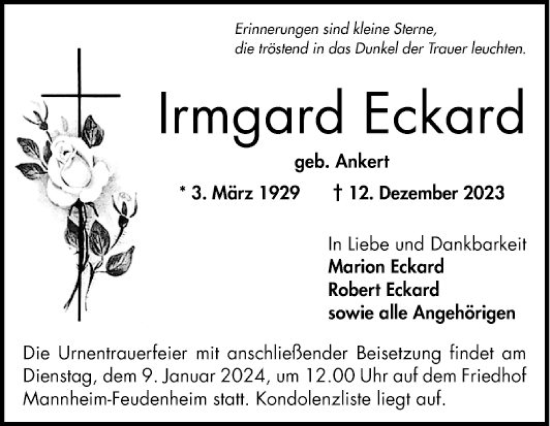 Traueranzeige von Irmgard Eckard von Mannheimer Morgen