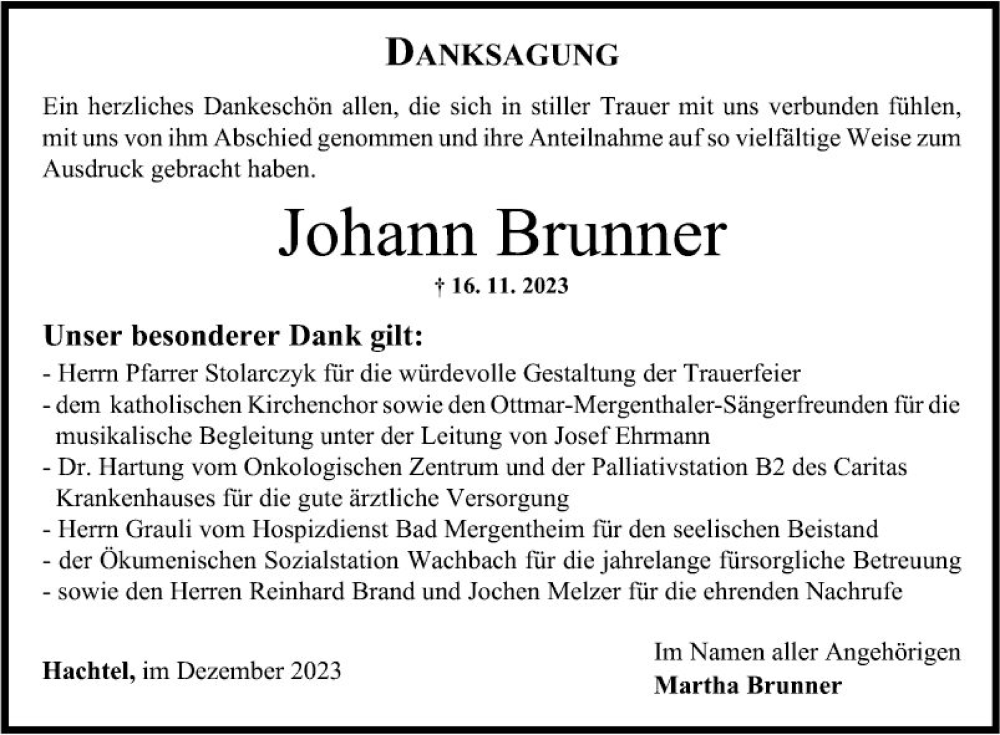  Traueranzeige für Johann Brunner vom 09.12.2023 aus Fränkische Nachrichten