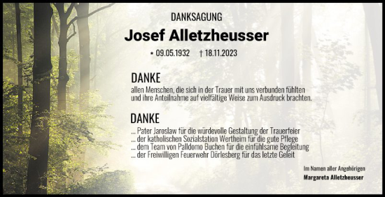 Traueranzeige von Josef Alletzheusser von Fränkische Nachrichten