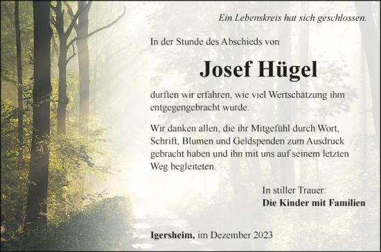 Traueranzeige von Josef Hügel von Fränkische Nachrichten