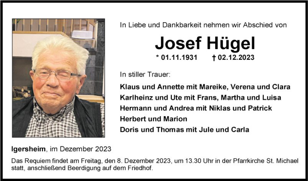 Traueranzeige für Josef Hügel vom 05.12.2023 aus Fränkische Nachrichten