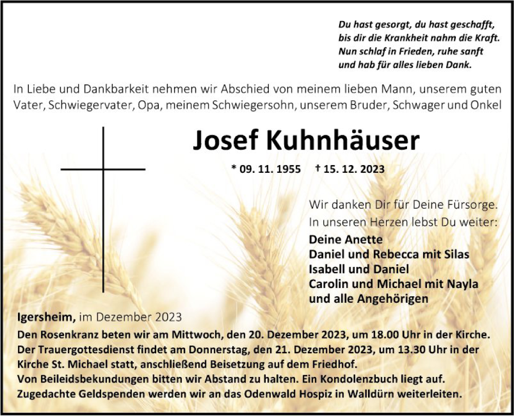  Traueranzeige für Josef Kuhnhäuser vom 19.12.2023 aus Fränkische Nachrichten