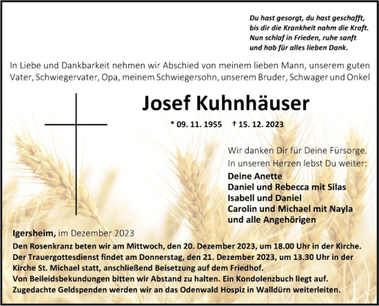 Traueranzeige von Josef Kuhnhäuser von Fränkische Nachrichten