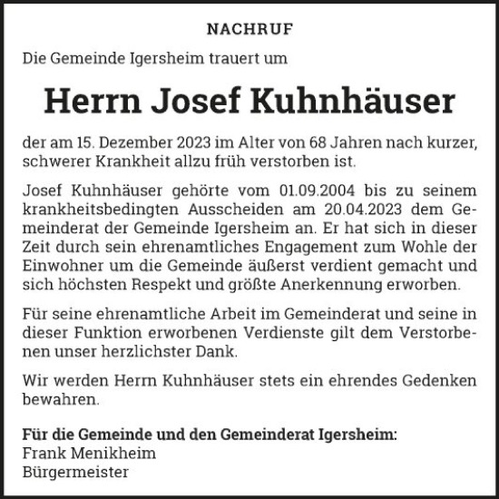 Traueranzeige von Josef Kuhnhäuser von Fränkische Nachrichten