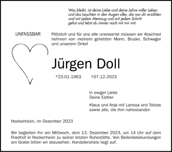 Traueranzeige von Jürgen Doll von Schwetzinger Zeitung