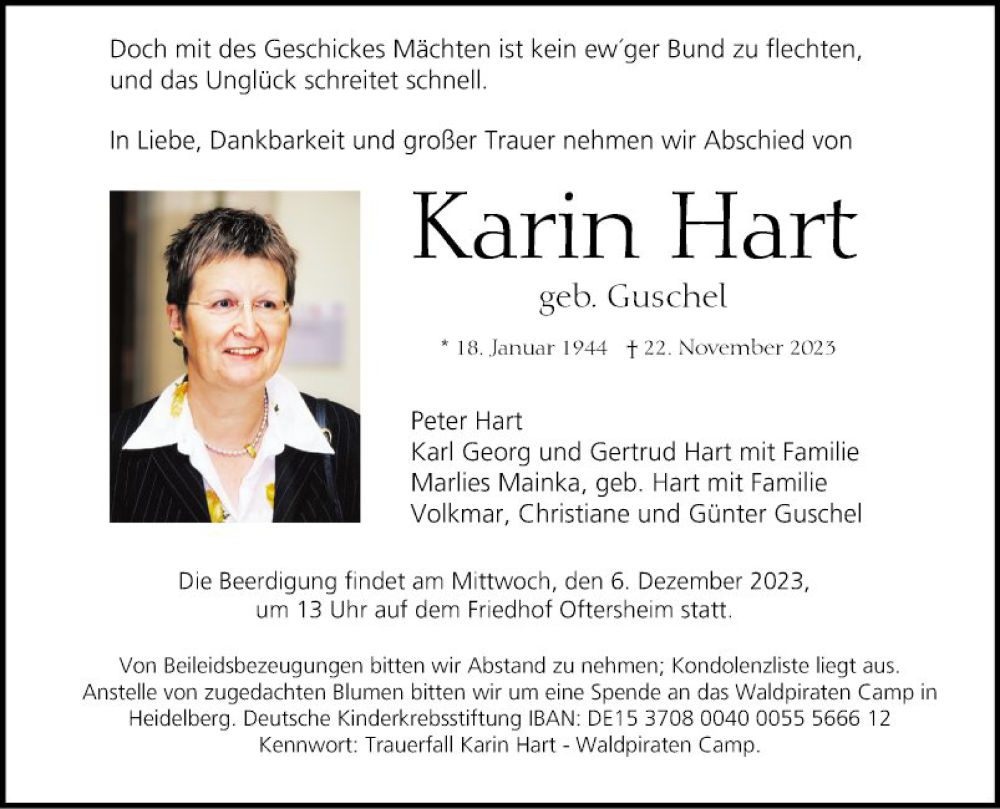 Traueranzeige für Karin Hart vom 02.12.2023 aus Mannheimer Morgen