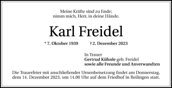 Traueranzeige von Karl Freidel von Schwetzinger Zeitung