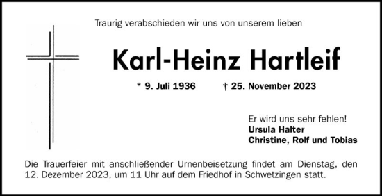 Traueranzeige von Karl-Heinz Hartleif von Schwetzinger Zeitung