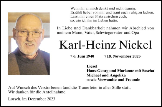 Traueranzeige von Karl-Heinz Nickel von Bergsträßer Anzeiger