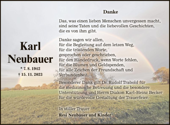 Traueranzeige von Karl Neubauer von Fränkische Nachrichten